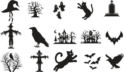 set of halloween element silhouette collection. Black and white vector editable file. Bat, black cat, Black Witch Hat, Broomstick, crow on brunch of tree, fierce bat, ghost figures, vector, grave, hau