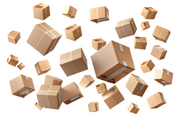 Flying falling cardboard boxes isolated on transparent background PNG icon isolated with transparent background