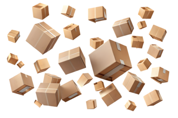 Flying falling cardboard boxes isolated on transparent background PNG icon isolated with transparent background