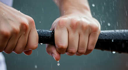 Close-up of a determined athlete's hands tightly gripping a wet baseball bat in the rain emphasizing focus and preparation for game play