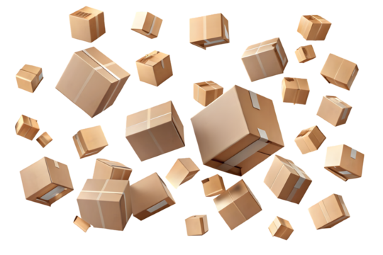 Flying falling cardboard boxes isolated on transparent background PNG icon isolated with transparent background - Powered by Adobe