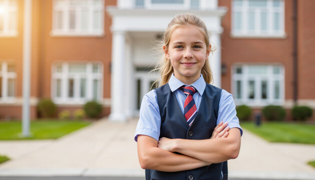 Confident young girl smiling with arms crossed in front of school  