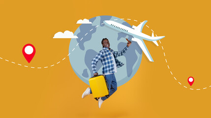 A joyful traveler holds a ticket and suitcase, ready for adventure as they jump into summer...