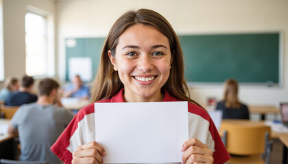 Young woman smiling while holding blank paper in classroom setting  