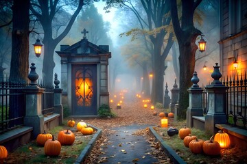 A spooky halloween night in a foggy cemetery with glowing pumpkins and lanterns