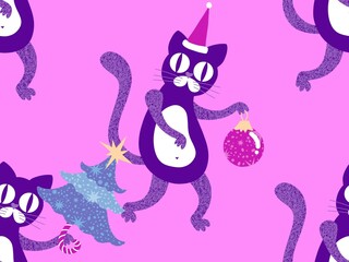 Cartoon funny cats seamless Christmas pattern for wrapping paper and kids clothes print and festive packaging