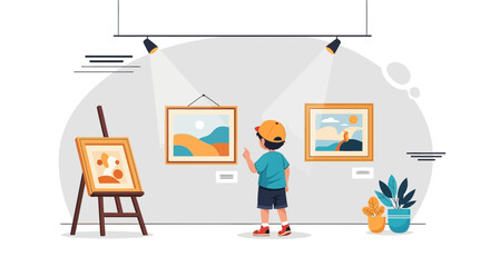 A captivating vector illustration of a boy enjoying an art exhibition indoors with paintings and artwork