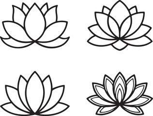 Minimal lotus flower icon set in black outline vector style