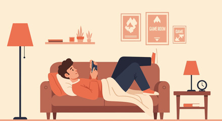 A relaxed man is lying on a sofa playing on his phone in a game room concept