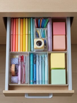 Neatly Organized Stationery Drawer With Soft Tones and Blank Space for Personal Touches