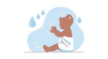 Adorable baby enjoying bath time with bubbles and water drops cute illustration