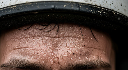 Close up of a tired firefighter's sweaty and dirty forehead and eyebrows wearing helmet during an emergency response