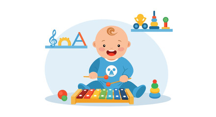 Fototapeta premium Adorable baby playing with a colorful xylophone surrounded by various toys illustration