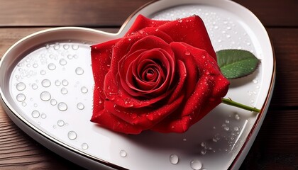 a single red rose with water droplets on its petals placed on a heart shaped plate