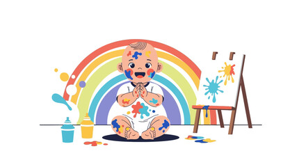 Obraz premium Adorable illustration of a baby covered in paint, happily painting with vibrant colors near a rainbow