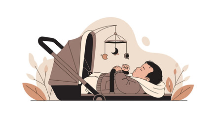 Adorable illustration of a baby peacefully sleeping in a stroller with a mobile hanging