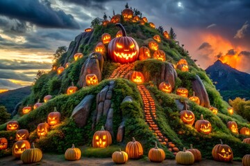 Fototapeta premium A hill covered in glowing halloween pumpkins and jackolanterns under a full moon