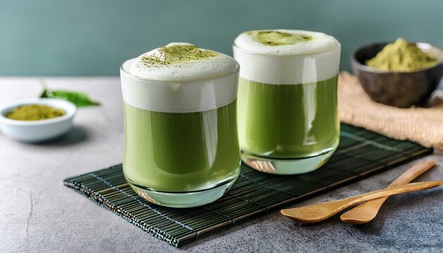 two refreshing matcha latte glasses topped with creamy foam perfect for a vibrant green beverage experience