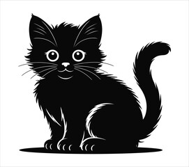 Obraz premium Charming black kitten silhouette, a cute and fluffy cartoon cat vector graphic. Adorable feline illustration isolated on white.