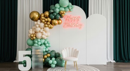 Happy birthday celebration with a balloon arch and number five decoration