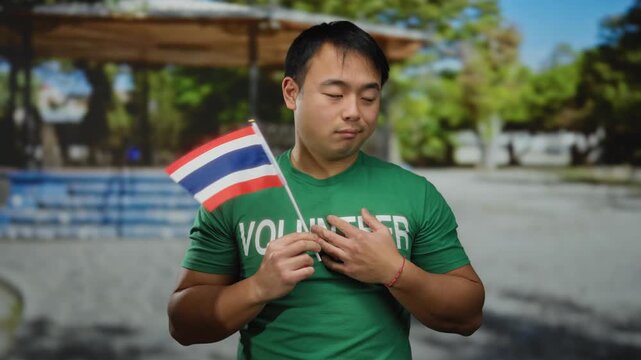 Young man wearing green shirt holds thai flag in park setting, emphasizing volunteer spirit and peaceful outdoor atmosphere.