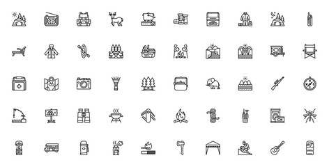 Camping icon set. Outdoor adventure vector collection. Includes tent, backpack, hiking, campfire, fishing, kayak, nature, BBQ, compass and more. Minimalist line art.