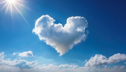 a heart shaped cloud in a clear blue sky with soft sunlight shining through