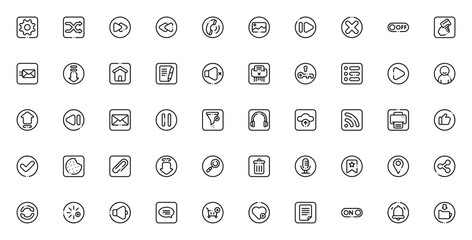 Web Buttons icon set. Minimal vector UI controls. Includes Settings, Play, Download, Search, Menu, Share, Volume, Email and more. Editable stroke.