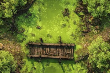 DnD Battlemap battlemap in toxic bog - Surrounded by greenery, battlemap shows a hazardous setting_remains of a bridge in a murky swamp.	
