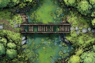 Fototapeta premium DnD Battlemap battlemap in toxic bog - Surrounded by greenery, battlemap shows a hazardous setting_remains of a bridge in a murky swamp. 