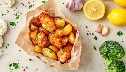Paper bag filled with baked chicken, salted fries, and cauliflower, placed on a beige background with raw garlic, lemon slice, and broccoli nearby.

