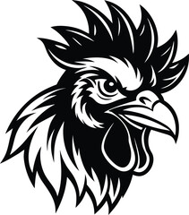 Fototapeta premium Stylized black and white rooster head emblem with sharp details