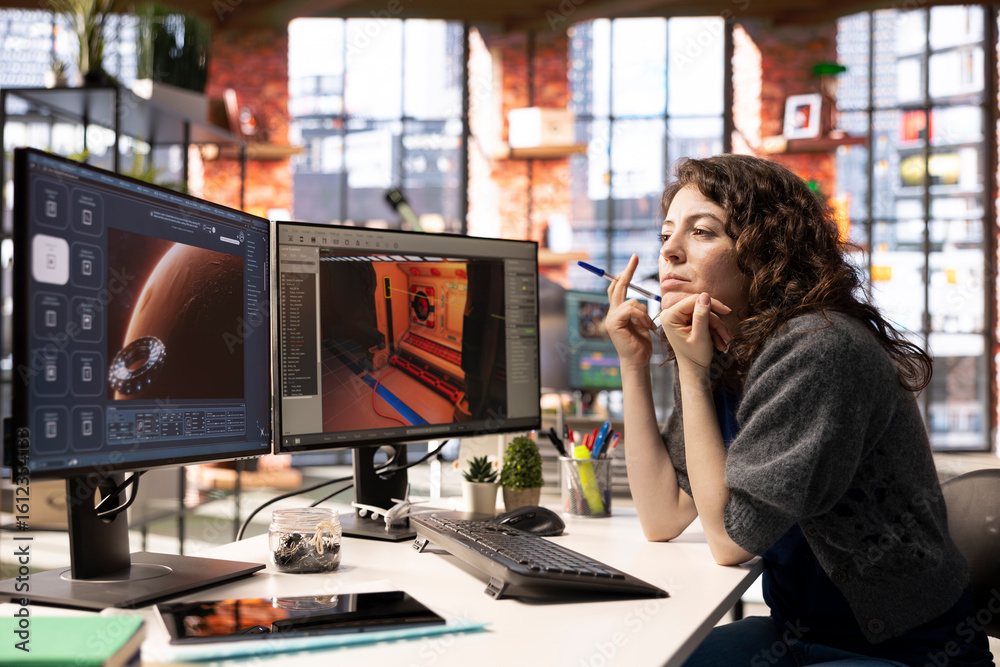 Poster woman works with ai generated app to develop a futuristic spaceship station. neural network powered 