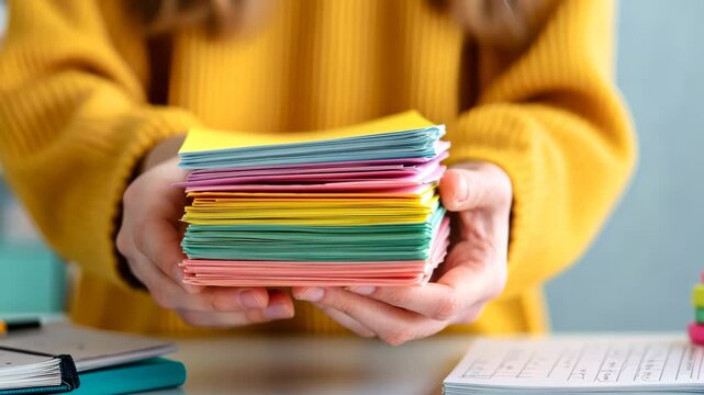 Woman organizing colorful paper stacks on desk in office environment