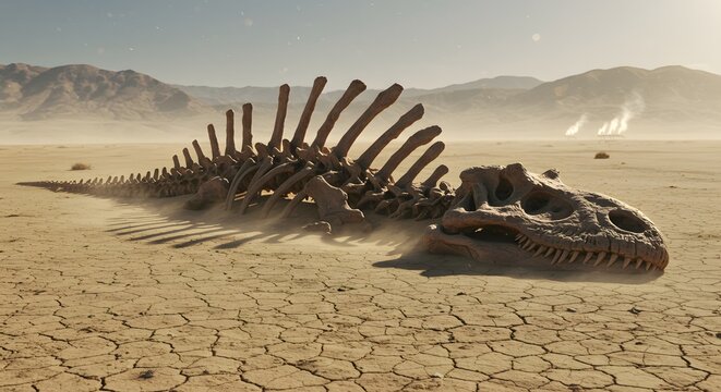 allosaurus Dinosaur skeleton lying in a cracked desert landscape with mountains in the background under a hazy sky