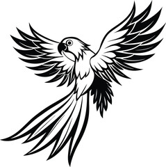 Stylized black and white drawing of a parrot in flight with wings spread and long tail feathers