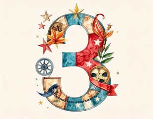 Decorative Number Three with Filmstrip Elements