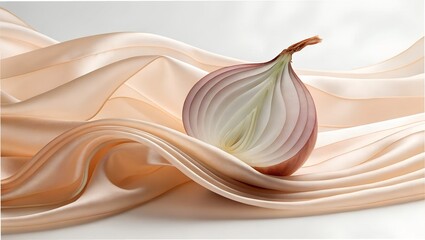 An onion peeling into layers of flowing silk fabric
