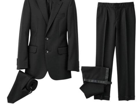 A black suit jacket and pants displayed against a black background in a studio setting fashionably created with generated ai