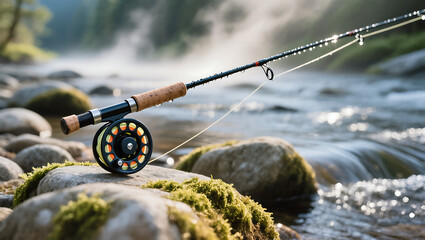 Fishing rod and reel on mossy rocks by a river in nature