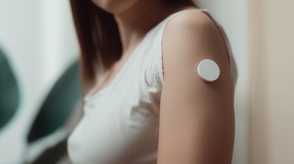 Closeup of adult woman with light skin wearing glucose sensor on upper arm, shallow depth of field