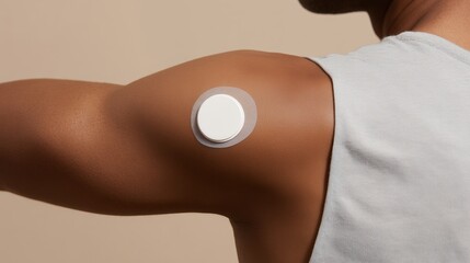 Closeup of adult man with medium brown skin wearing glucose sensor on upper arm