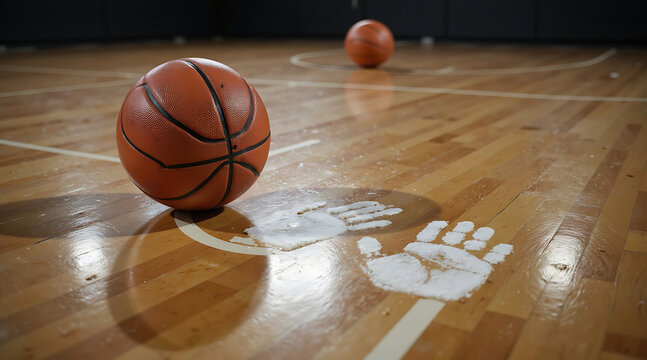 Basketball on court with handprints and wooden floor background  
