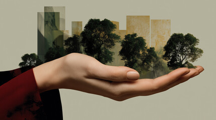 Une main tient un paysage verdoyant avec des forêts et des prairies devant des immeubles d'affaires et des entreprises : rapports RSE, finance verte, projets à impacts et développement durable