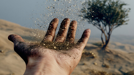 Une main ouverte tient une poignée de sable, étincelles avec des arbres et de l'herbe qui poussent au milieu du désert : reverdir le désert et lutter contre l'aridification, rendre le désert fertile