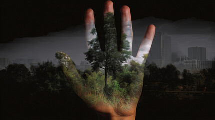 Une main ouverte dans un paysage verdoyant, des prairies et des immeubles d'affaires, des organisations et des entreprises : rapports RSE, finance verte, projets &agrave; impacts et d&eacute;veloppement durable