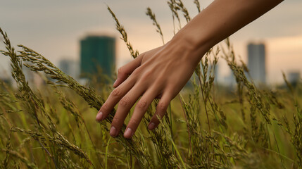 Une main dans un paysage verdoyant, des prairies et des immeubles d'affaires, des organisations et des entreprises : rapports RSE, finance verte, projets à impacts et développement durable