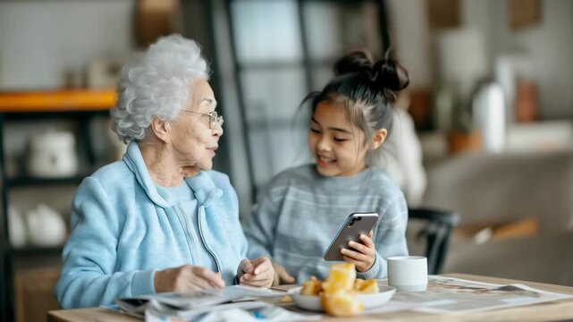 An elderly woman and her granddaughter spend quality time in a cozy caf&eacute;. The grandmother is reading a newspaper while the girl shows something on a smartphone. A warm, family-oriented scene blending 