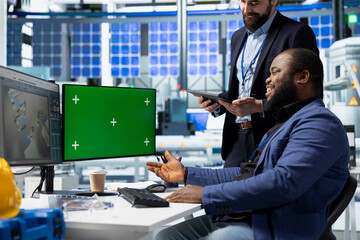 Team of consultants and factory analysts work with a copy space screen in the solar panel factory,...