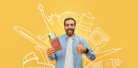 A cheerful traveler holds a passport and gives a thumbs-up, expressing excitement for upcoming...